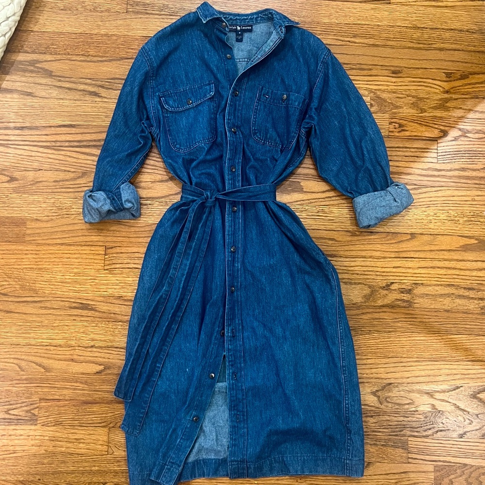 Vintage Ralph Lauren Denim Shirt Dress with Waist Tie – Size 8